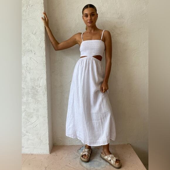 FAITHFULL THE BRAND Tayari Midi Dress 100% Linen White Beach Cutout US 8  299.00 - Picture 7 of 13